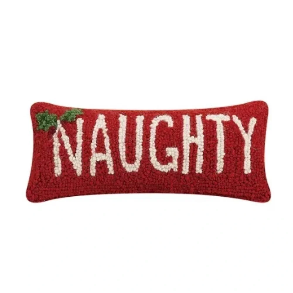 Naughty Christmas Hooked Pillow Red Cream Holiday Lumbar Decorative Accent